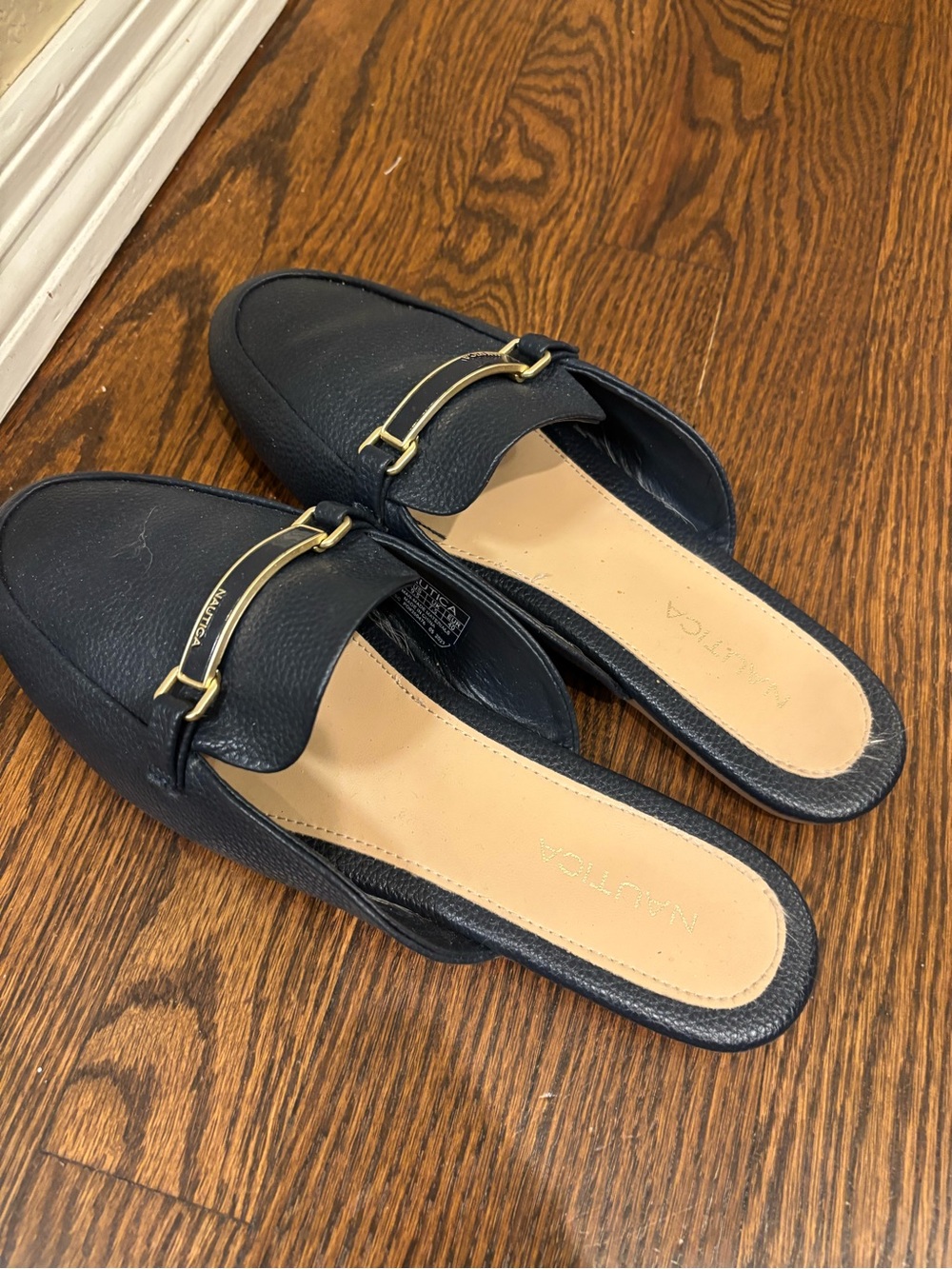 Navy Slip-On Leather Mule Flats with Gold Accent-barely worn